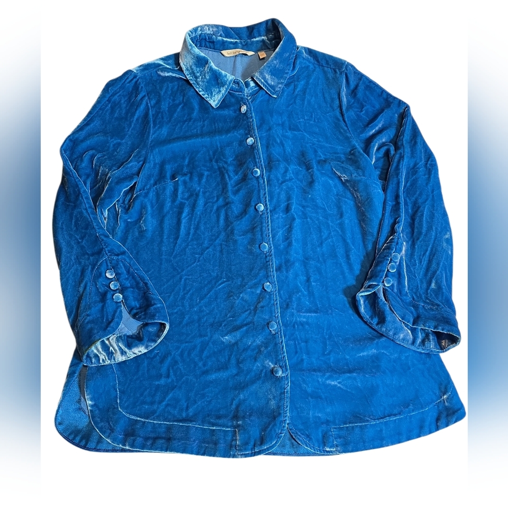 Soft Surroundings Silk Blend Blue Velvet Button Up Tunic Petite Small‎